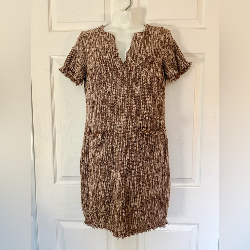 Esley Brown and Orange Tweed Mini Dress Textured Knit Fringe Pockets Size Small